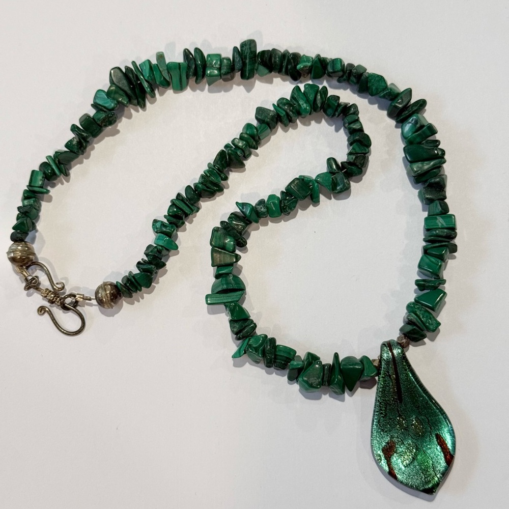 Vintage Malachite Necklace Art Glass Pendant Sterling Silver Beads and Clasp